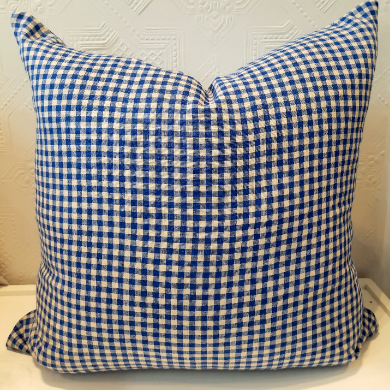 Blue and white gingham linen cushion